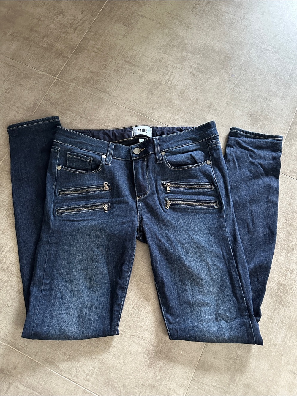 PAIGE Dark Indigo Skinny Jeans with Front Zipper Accents